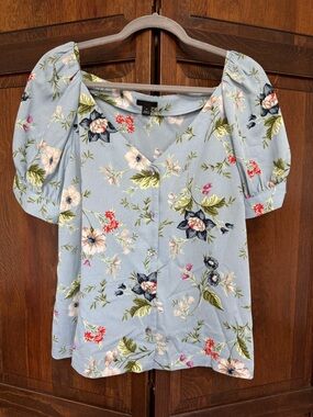 Ann Taylor Factory Sky Blue Floral Puff-Sleeve Button Blouse